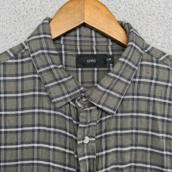 Onia Shirt Men's Large Gray Flannel Plaid Check Lightweight Viscose Collared - Picture 1 of 13